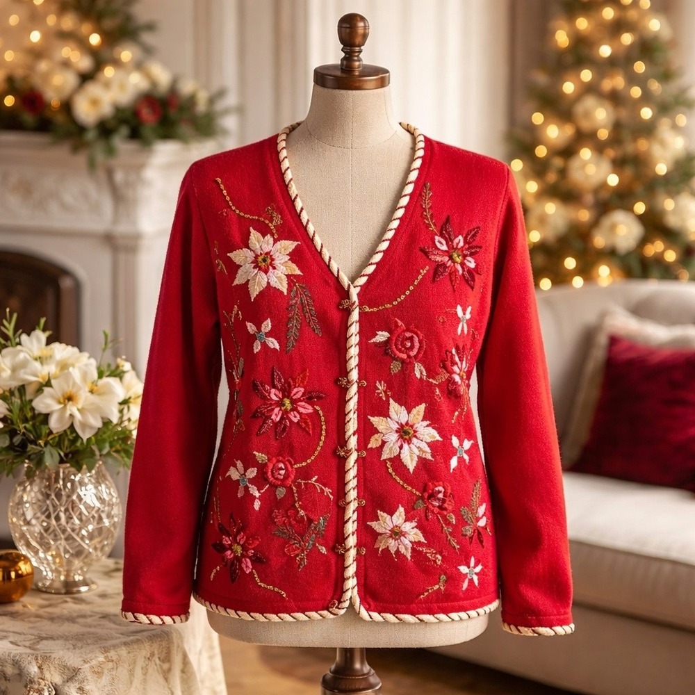 Storybook Knits M Vintage Embroidered Redโ Floral Cardigan Sweater Women's
